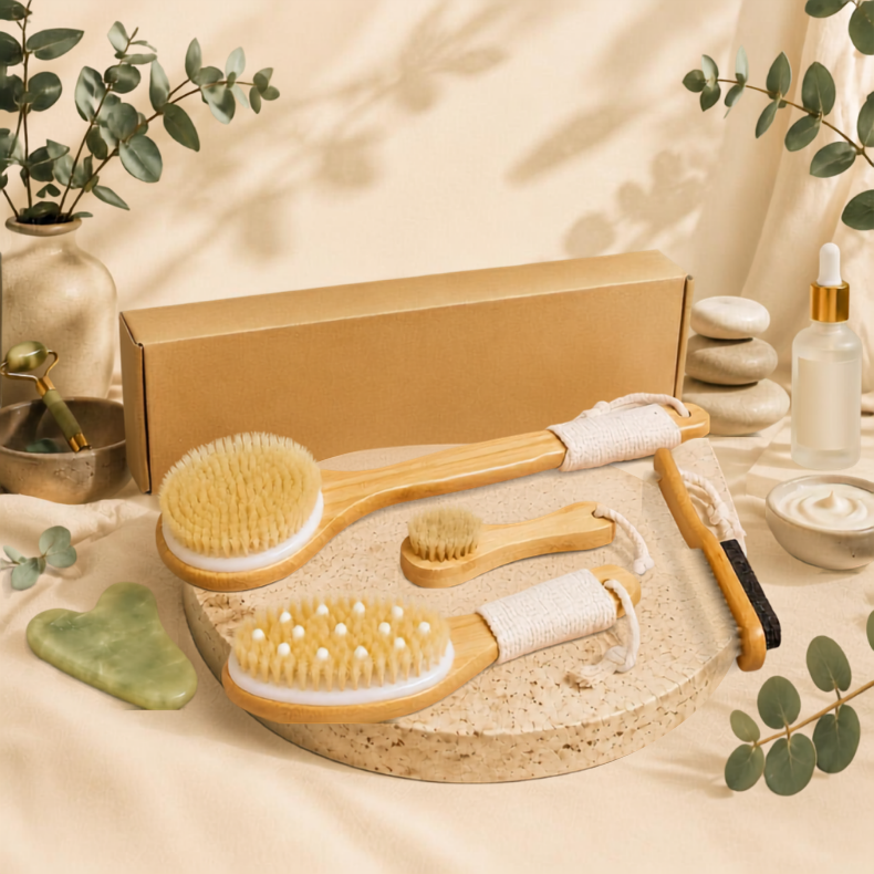 Bamboo Bath Brush Set – 4-Piece Natural Bristle Collection